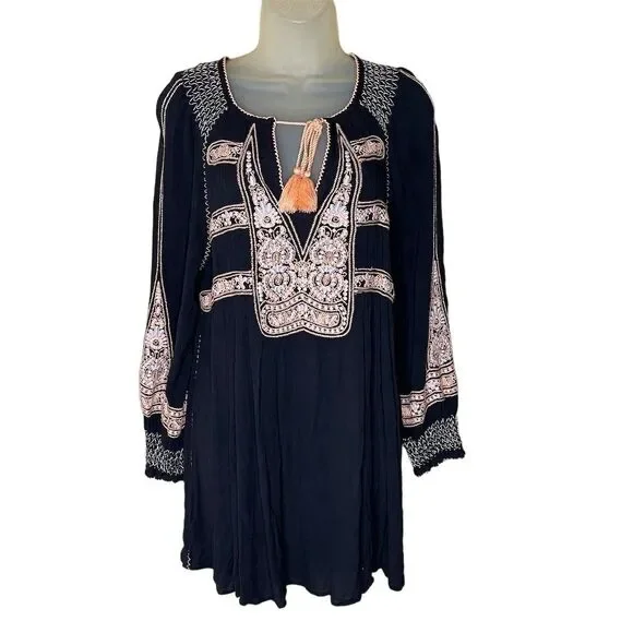 Free People | Dresses | Free People Wind Willow Embroidered Boho Vneck  Tassel Mini Dress S Black | Poshmark